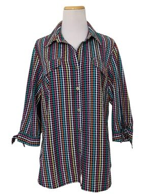 Anne Klein Seersucker Colorful Button Front Shirt Women’s 1X 3/4 Sleeve Collared